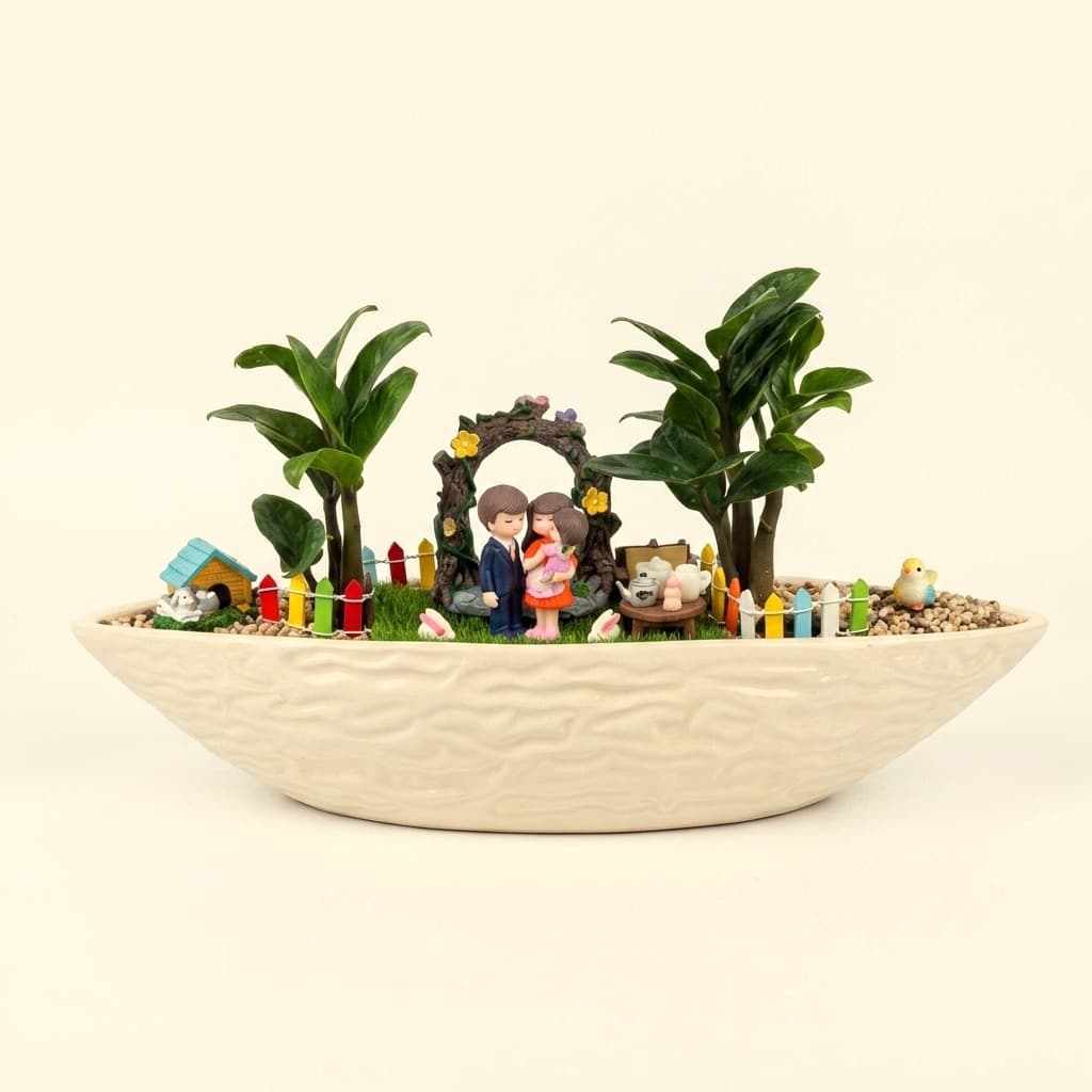The Couple's Nook — a custom Gracious Greens miniature scene planter in a boat-shaped ceramic bowl, with live plants, figurines, and a tiny arch
